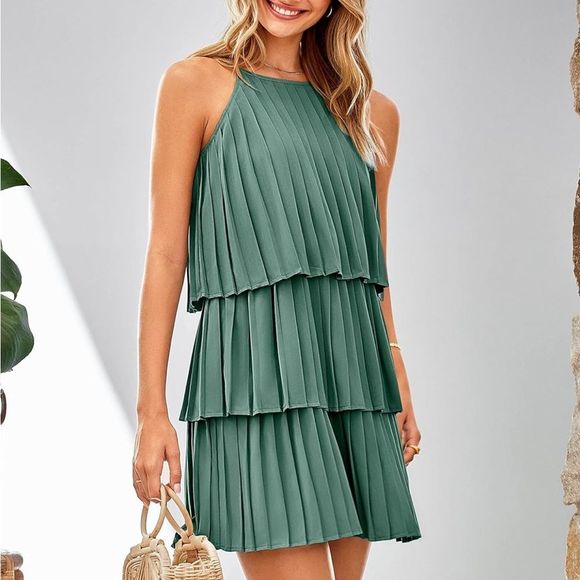 Summer DressesWomen Halter Mini Dress Ruffle Tiered Swing Pleated Party Cocktail - Picture 5 of 5